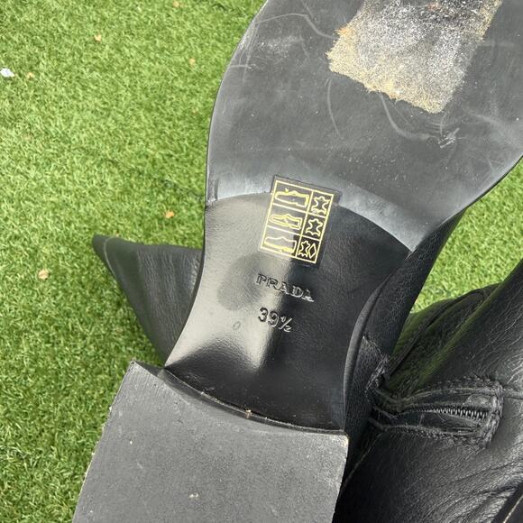 Prada Women's Cervo Logo Knee High Black Leather Riding Boots - Picture 7 of 9